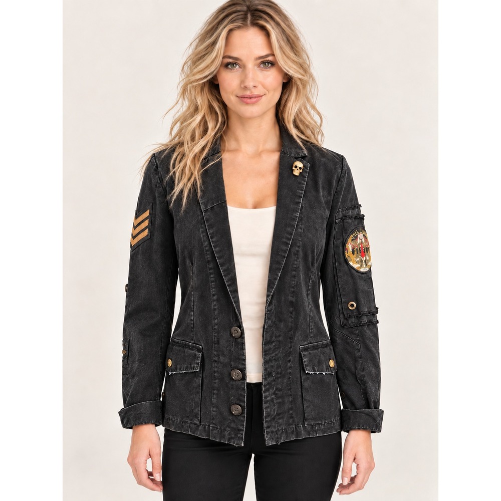 Zadig & Voltaire Virginia Grunge Black Military Jacket Skull Patch Small